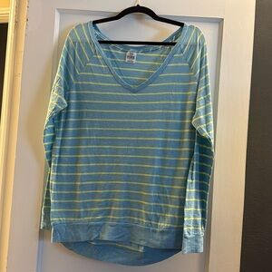 Victoria’s Secret PINK, Large, long sleeve T shirt v neck, blue & yellow stripes